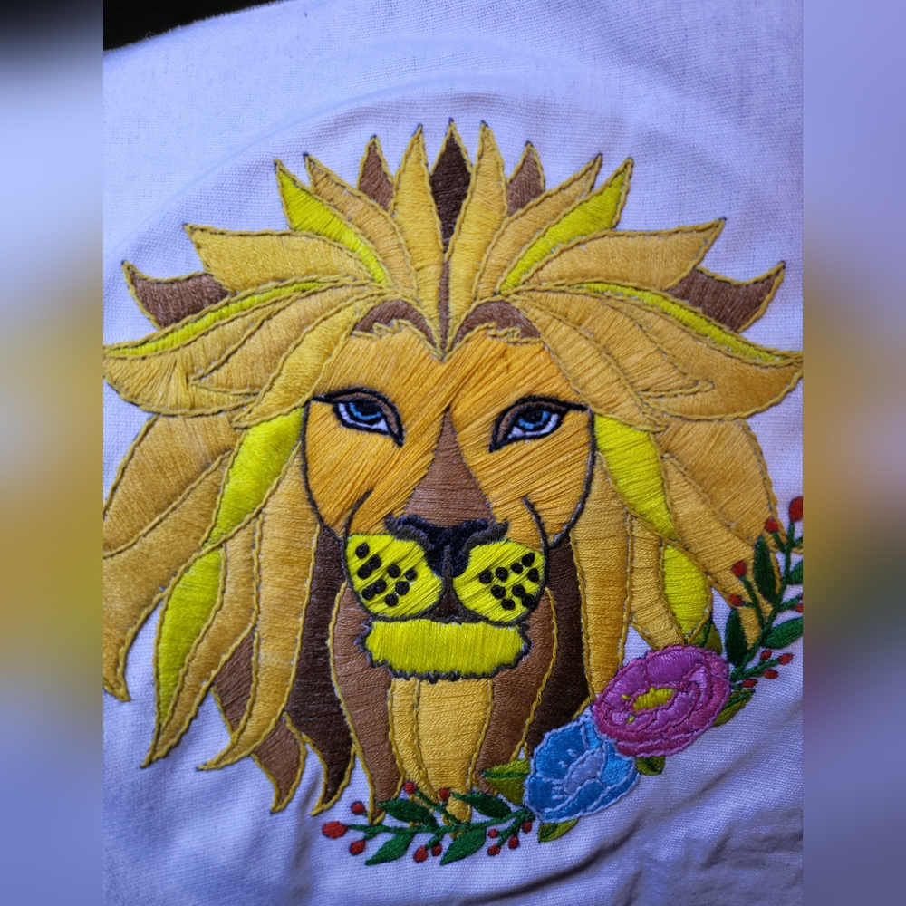 Vibrant Lion Embroidered Art Piece